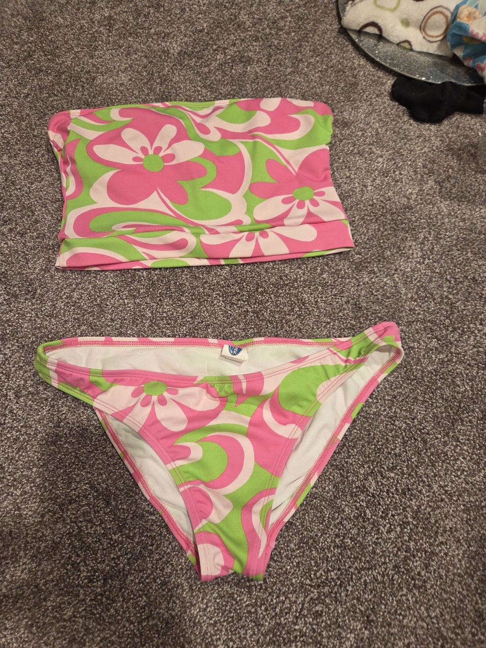 Summer girl.brand womens size large 2 piece retro themed swim suit pink and lime